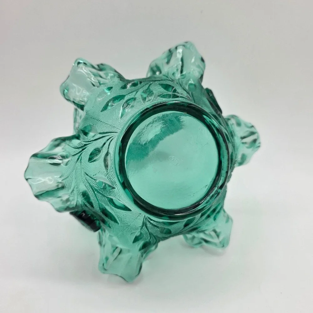 Vintage Fenton Teal Green Ruffled Edge Glass Basket Leaf Pattern Twisted Handle